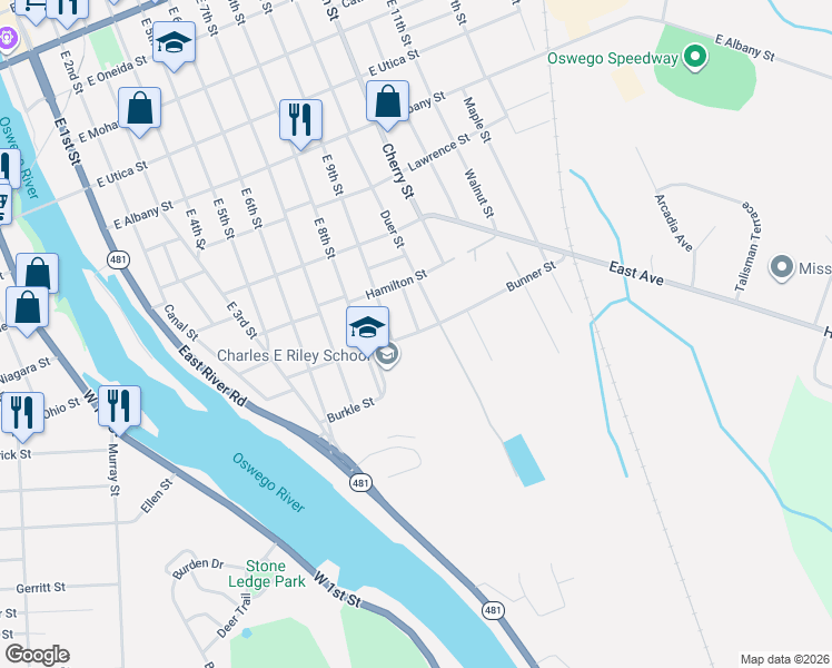 map of restaurants, bars, coffee shops, grocery stores, and more near 46 Bunner Street in Oswego