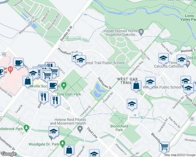 map of restaurants, bars, coffee shops, grocery stores, and more near 1368 Weeping Willow Drive in Oakville