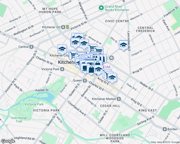 map of restaurants, bars, coffee shops, grocery stores, and more near 20 King Street East in Kitchener