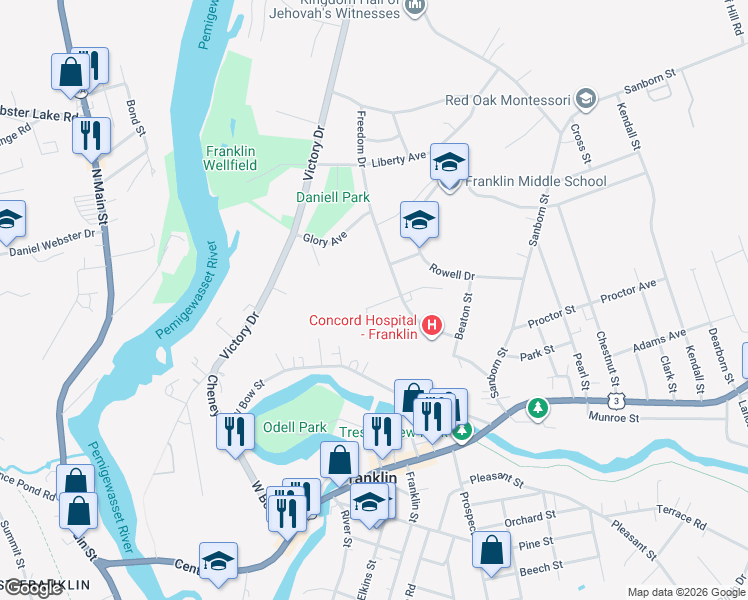 map of restaurants, bars, coffee shops, grocery stores, and more near 45 Tannery Street in Franklin