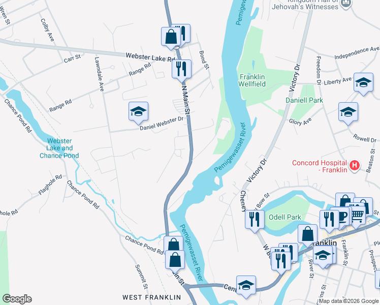 map of restaurants, bars, coffee shops, grocery stores, and more near 355 North Main Street in Franklin