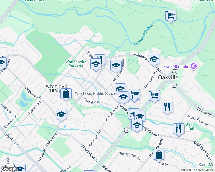 map of restaurants, bars, coffee shops, grocery stores, and more near 1253 Westview Terrace in Oakville