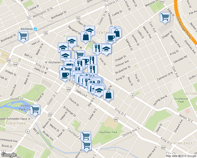 map of restaurants, bars, coffee shops, grocery stores, and more near 66 Weber Street East in Kitchener