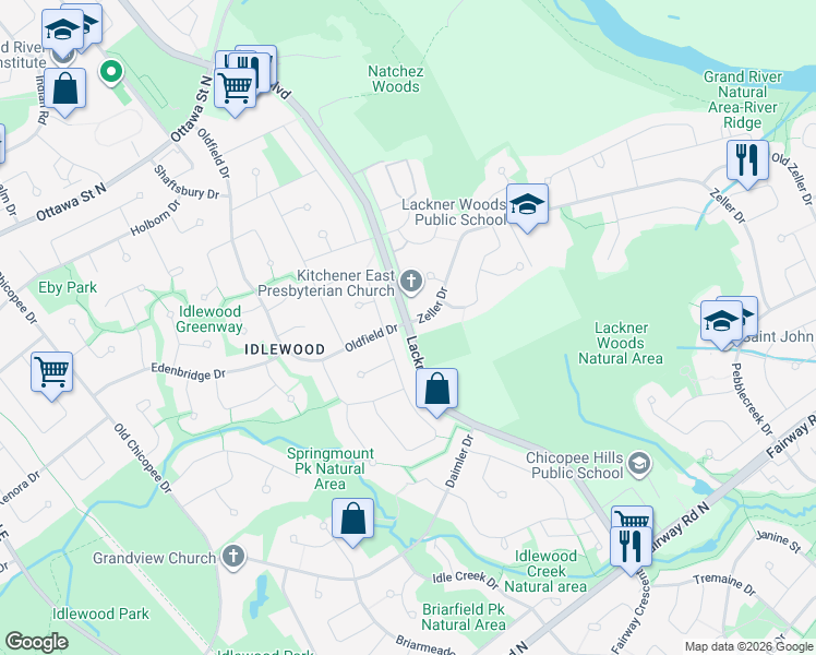 map of restaurants, bars, coffee shops, grocery stores, and more near Lackner Boulevard in Kitchener