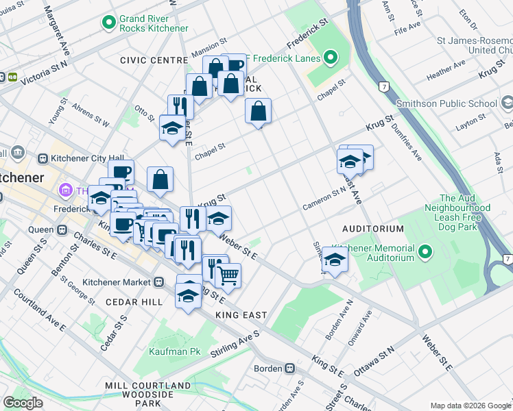 map of restaurants, bars, coffee shops, grocery stores, and more near 65 Krug Street in Kitchener