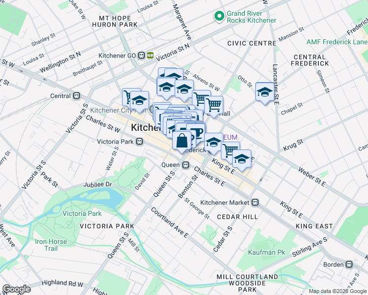 map of restaurants, bars, coffee shops, grocery stores, and more near 73 King Street East in Kitchener