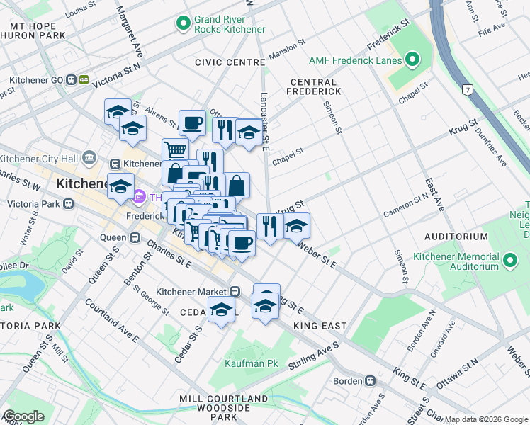 map of restaurants, bars, coffee shops, grocery stores, and more near 229 Lancaster Street East in Kitchener