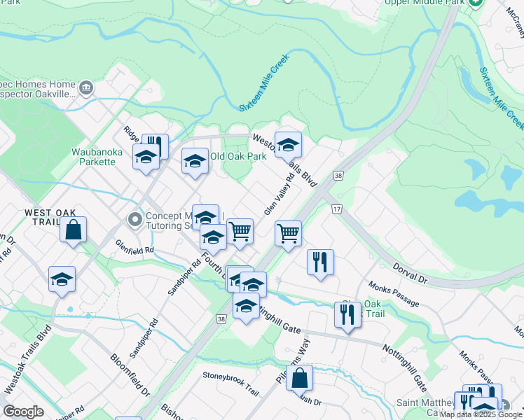 map of restaurants, bars, coffee shops, grocery stores, and more near 1149 Glen Valley Road in Oakville