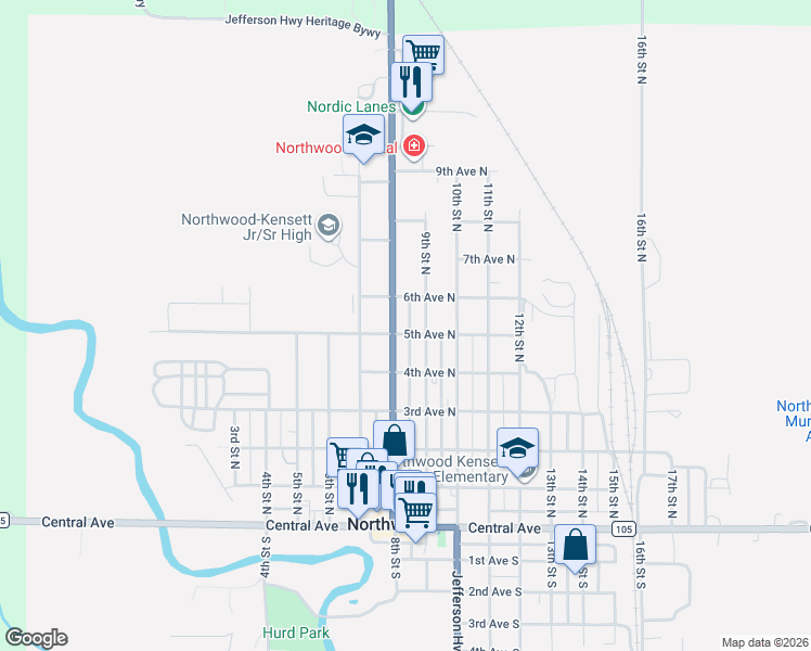 map of restaurants, bars, coffee shops, grocery stores, and more near 801-849 6th Ave N in Northwood