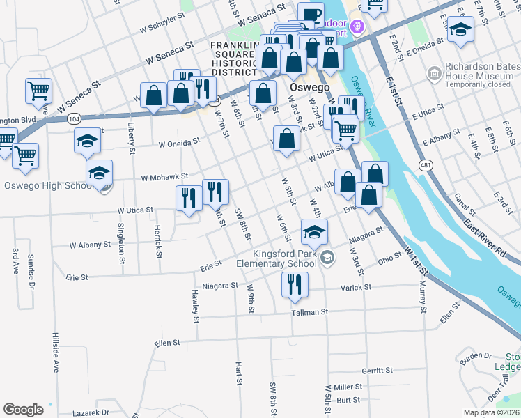 map of restaurants, bars, coffee shops, grocery stores, and more near 215 West 7th Street in Oswego