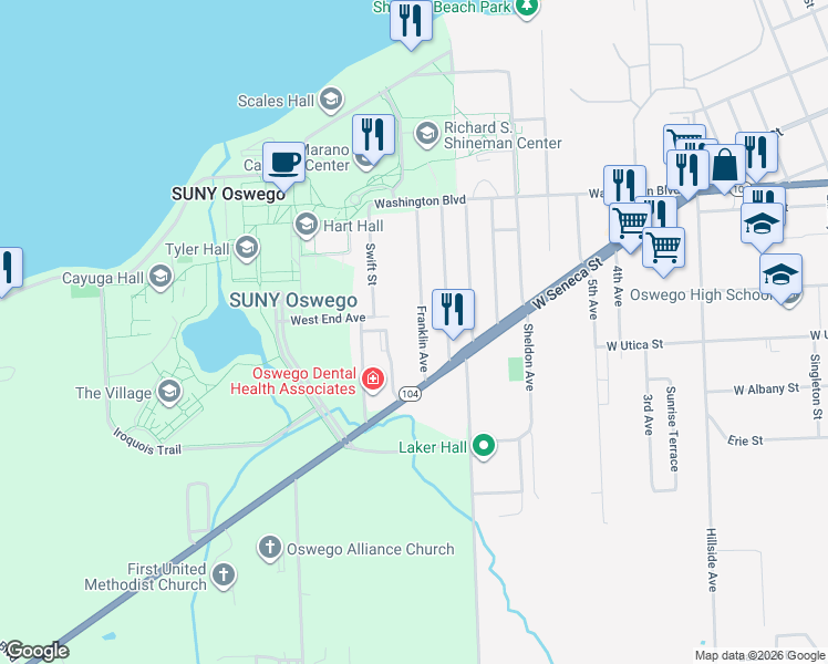 map of restaurants, bars, coffee shops, grocery stores, and more near 39 Franklin Avenue in Oswego