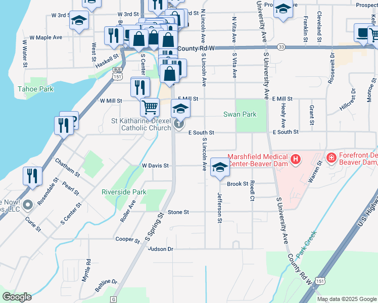 map of restaurants, bars, coffee shops, grocery stores, and more near 129 1/2 East South Street in Beaver Dam
