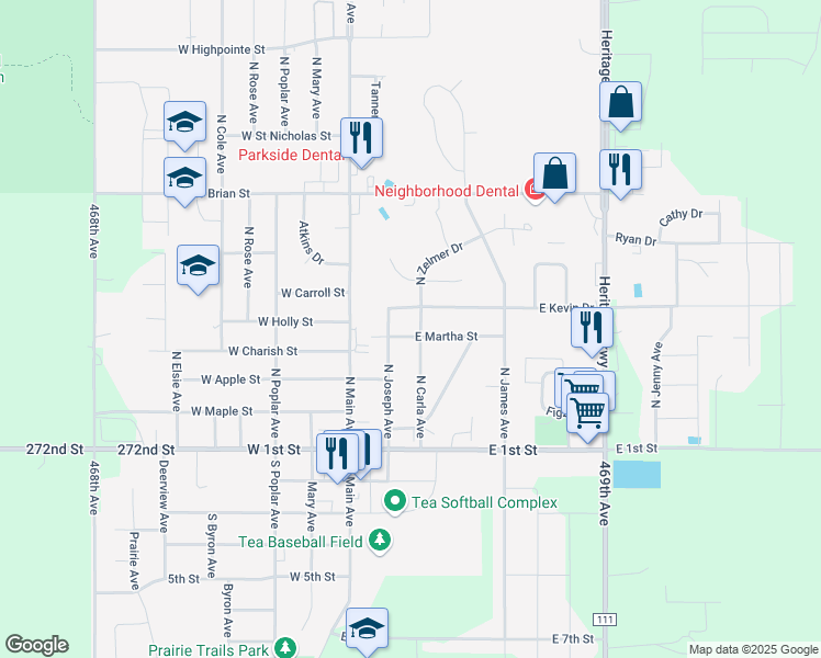 map of restaurants, bars, coffee shops, grocery stores, and more near 505 North Carla Avenue in Tea