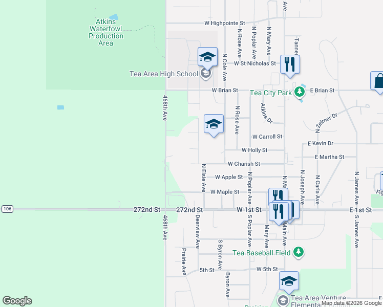 map of restaurants, bars, coffee shops, grocery stores, and more near 540 Herman Circle in Tea