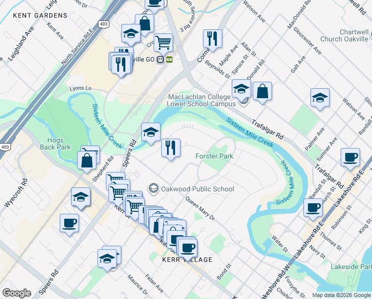 map of restaurants, bars, coffee shops, grocery stores, and more near 58 Kingswood Road in Oakville