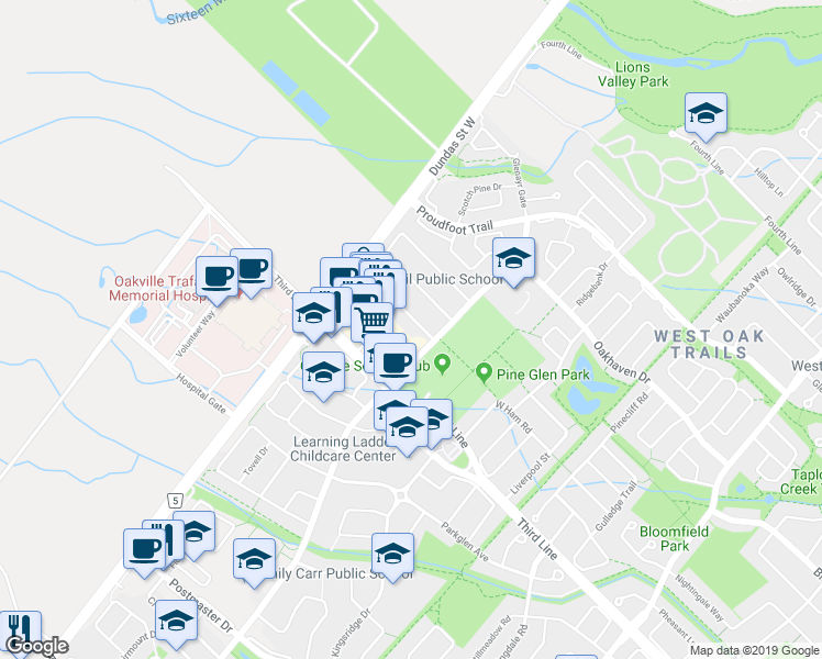 map of restaurants, bars, coffee shops, grocery stores, and more near 2304 Newcastle Crescent in Oakville