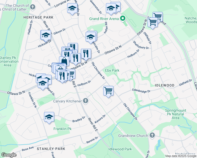 map of restaurants, bars, coffee shops, grocery stores, and more near 75 Old Chicopee Drive in Kitchener