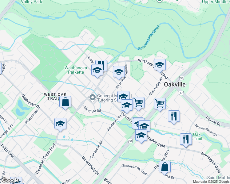 map of restaurants, bars, coffee shops, grocery stores, and more near 1240 Westview Terrace in Oakville