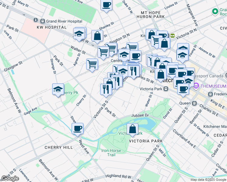 map of restaurants, bars, coffee shops, grocery stores, and more near 114 Waterloo Regional Road 55 in Kitchener