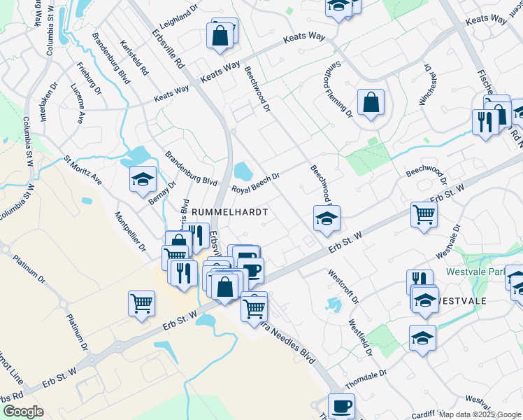 map of restaurants, bars, coffee shops, grocery stores, and more near 623 Rummelhardt Drive in Waterloo