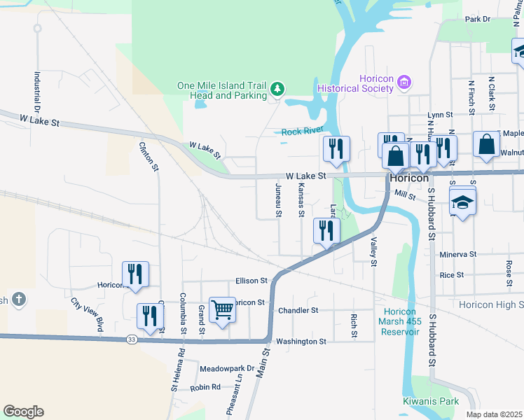 map of restaurants, bars, coffee shops, grocery stores, and more near 120 Juneau Street in Horicon