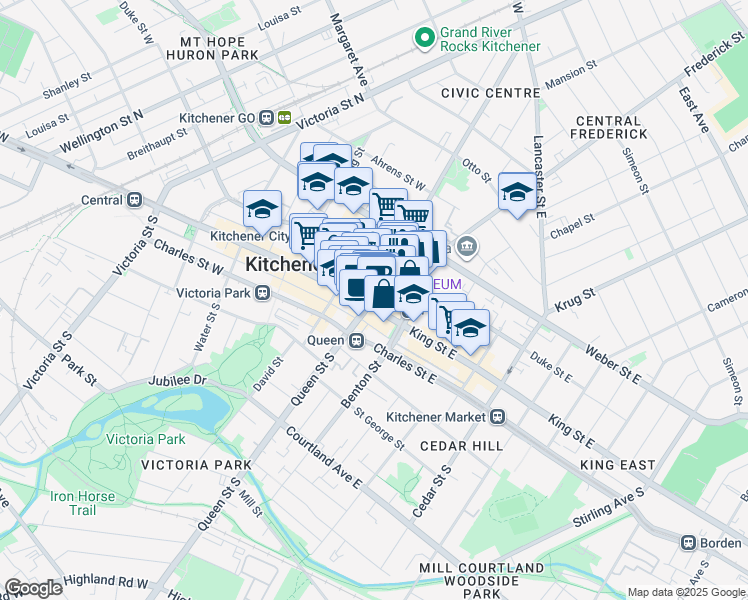 map of restaurants, bars, coffee shops, grocery stores, and more near 1 Queen Street North in Kitchener