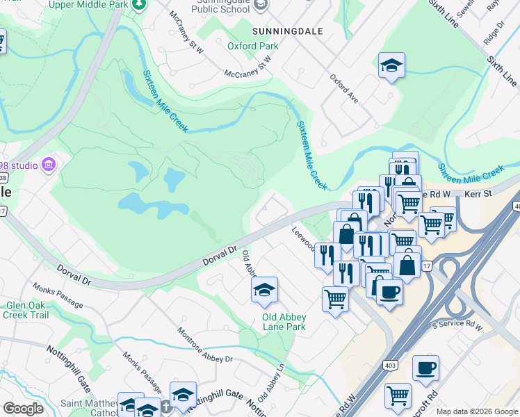 map of restaurants, bars, coffee shops, grocery stores, and more near 1267 Dorval Drive in Oakville