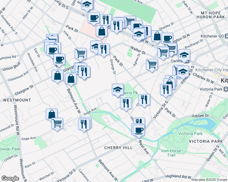 map of restaurants, bars, coffee shops, grocery stores, and more near 131 Strange Street in Kitchener