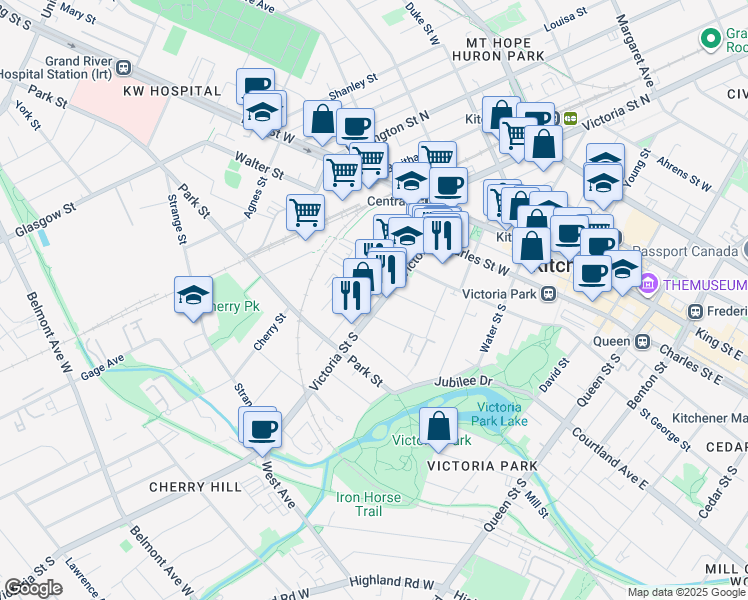map of restaurants, bars, coffee shops, grocery stores, and more near 114 Victoria Street South in Kitchener