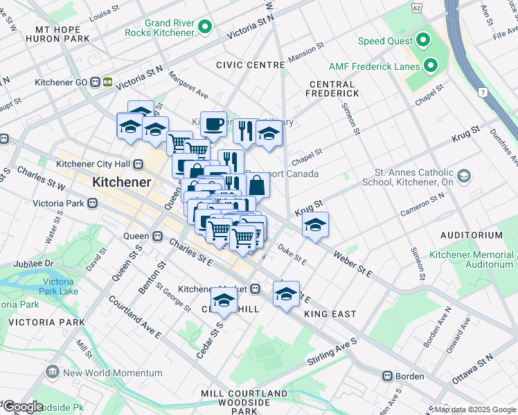 map of restaurants, bars, coffee shops, grocery stores, and more near 455 Mill Street in Kitchener