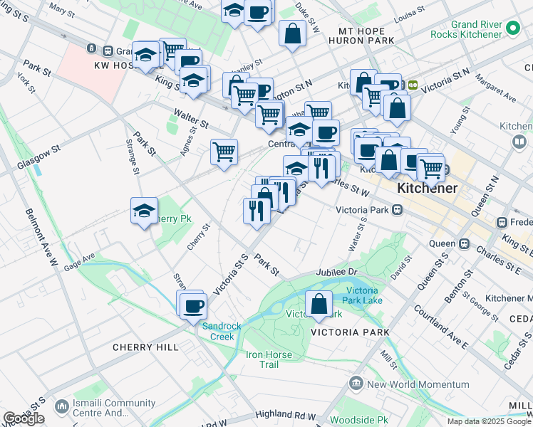 map of restaurants, bars, coffee shops, grocery stores, and more near Garment Street in Kitchener