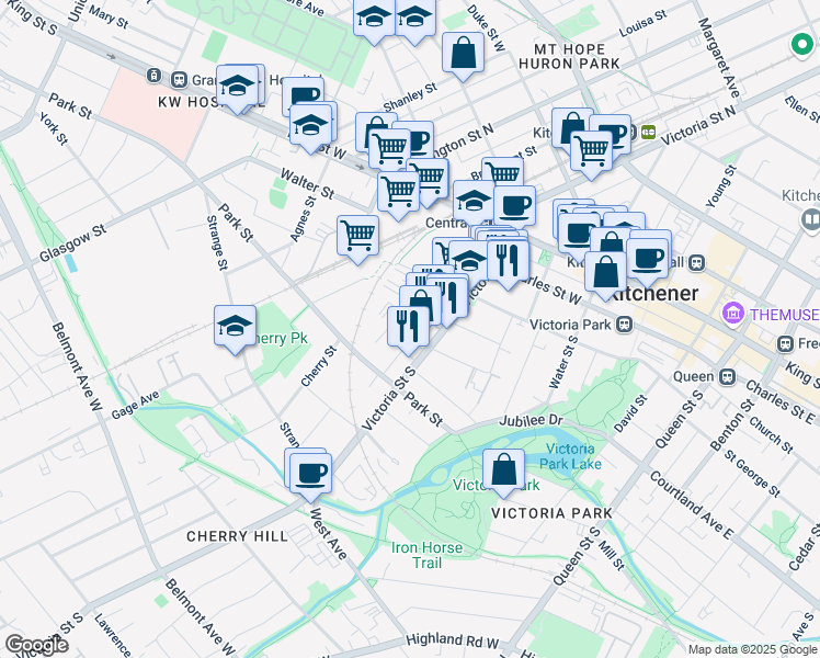 map of restaurants, bars, coffee shops, grocery stores, and more near in Kitchener