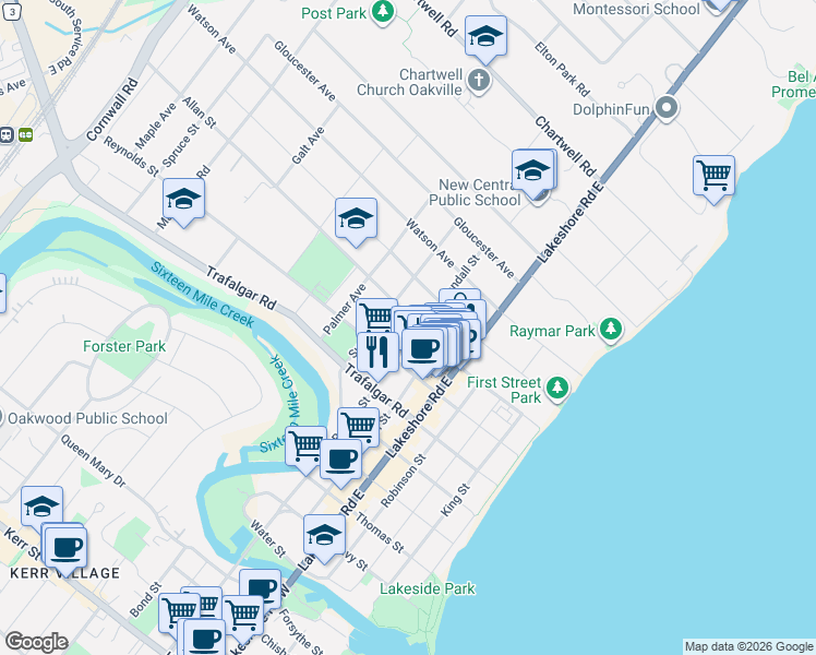 map of restaurants, bars, coffee shops, grocery stores, and more near 150 Allan Street in Oakville