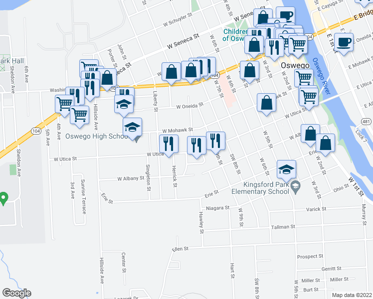 map of restaurants, bars, coffee shops, grocery stores, and more near 143 West Utica Street in Oswego