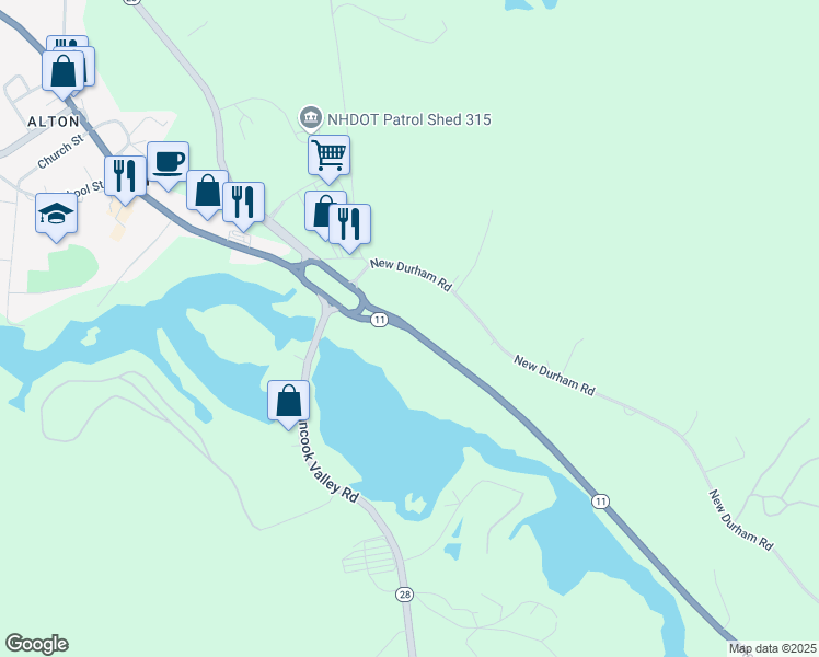 map of restaurants, bars, coffee shops, grocery stores, and more near New Hampshire 11 in Alton