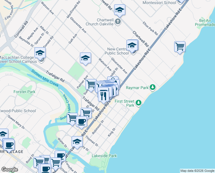 map of restaurants, bars, coffee shops, grocery stores, and more near 135 Allan Street in Oakville