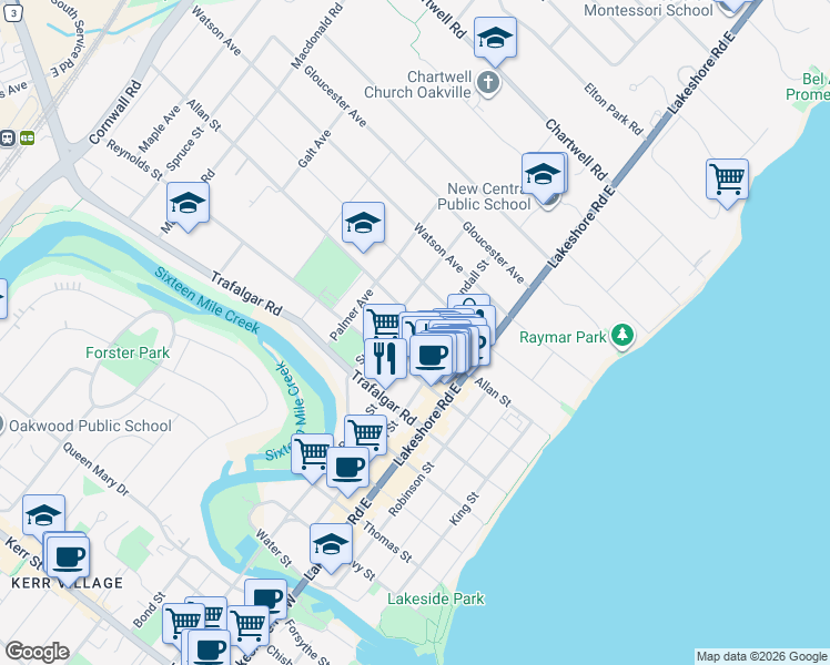 map of restaurants, bars, coffee shops, grocery stores, and more near 150 Allan Street in Oakville