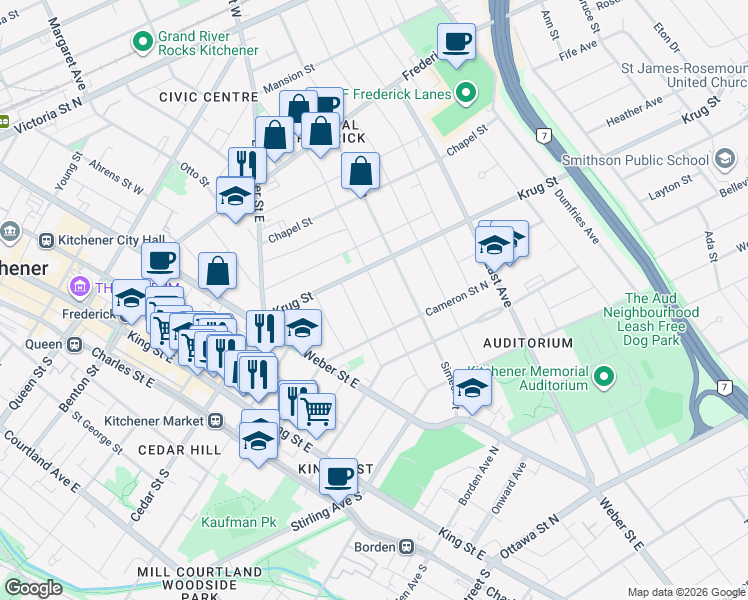 map of restaurants, bars, coffee shops, grocery stores, and more near in Kitchener