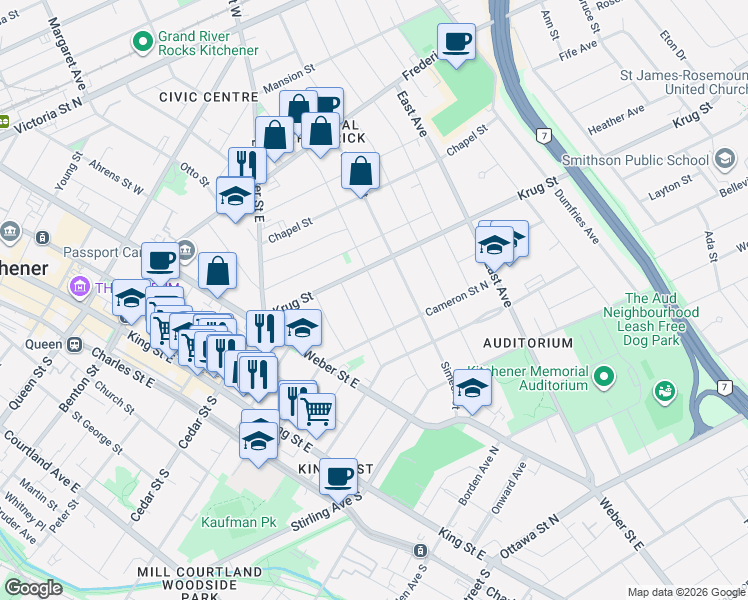 map of restaurants, bars, coffee shops, grocery stores, and more near 141 Samuel Street in Kitchener