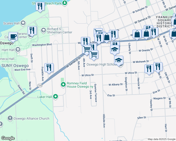 map of restaurants, bars, coffee shops, grocery stores, and more near 17 4th Avenue in Oswego
