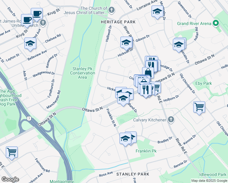 map of restaurants, bars, coffee shops, grocery stores, and more near 31 Hickson Drive in Kitchener