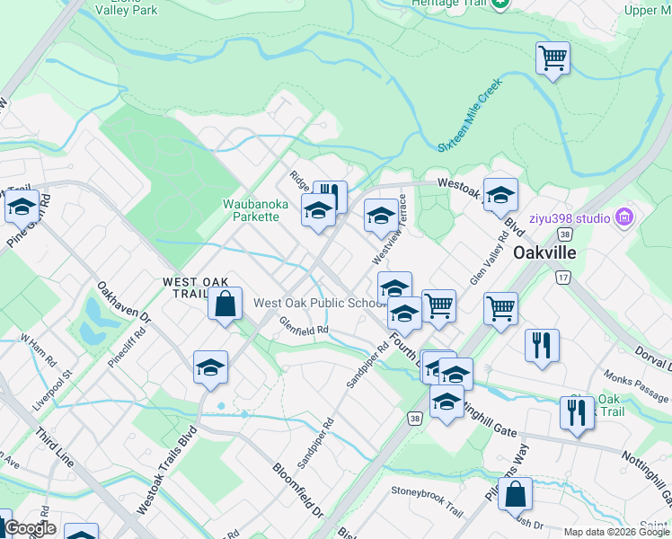 map of restaurants, bars, coffee shops, grocery stores, and more near 2130 Forest Gate Park in Oakville