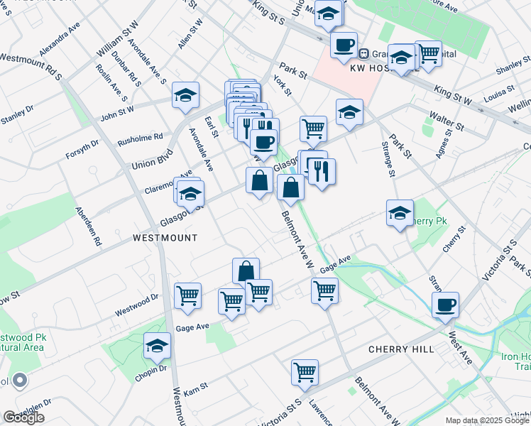 map of restaurants, bars, coffee shops, grocery stores, and more near 547 Belmont Avenue West in Kitchener