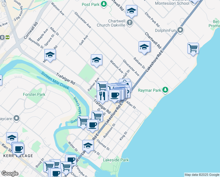 map of restaurants, bars, coffee shops, grocery stores, and more near 152 Allan Street in Oakville
