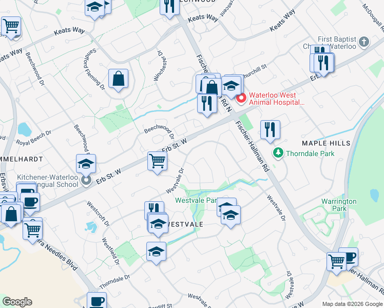 map of restaurants, bars, coffee shops, grocery stores, and more near 174 Westvale Drive in Waterloo