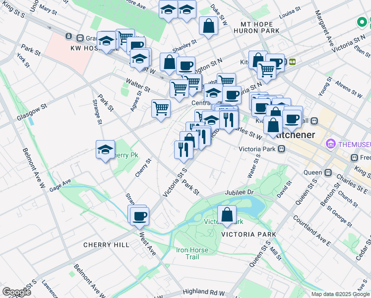 map of restaurants, bars, coffee shops, grocery stores, and more near in Kitchener