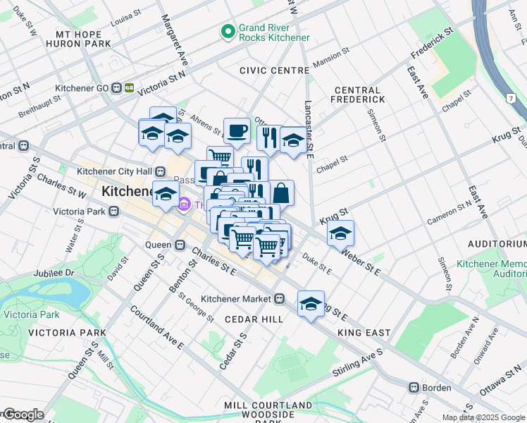 map of restaurants, bars, coffee shops, grocery stores, and more near 63 Scott Street in Kitchener