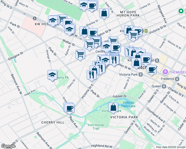 map of restaurants, bars, coffee shops, grocery stores, and more near 108 Garment Street in Kitchener