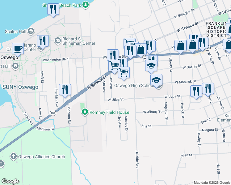 map of restaurants, bars, coffee shops, grocery stores, and more near 17 4th Avenue in Oswego