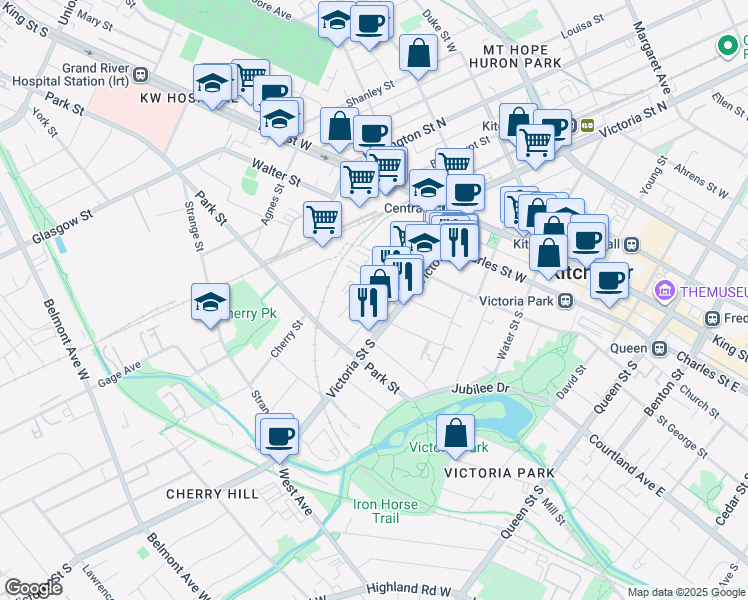 map of restaurants, bars, coffee shops, grocery stores, and more near in Kitchener